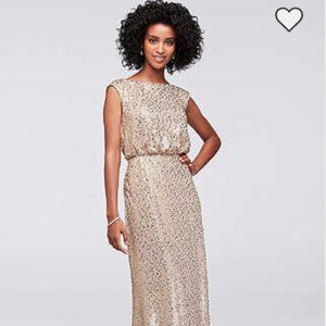 DAVID'S BRIDAL Long Sequin Blouson Dress Gold